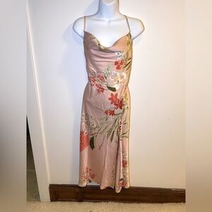 NWT RUMOR Australia Pale Pink Floral Satin Spaghetti Strap Tie Back w/ Slit